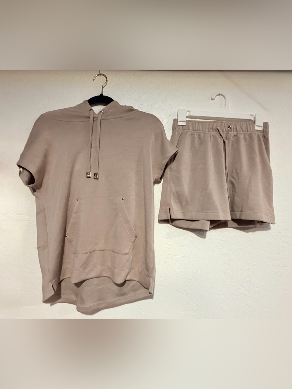 Elie Tahari Women's short sleeve Hoodie & Drawstring Shorts Set in Taupe